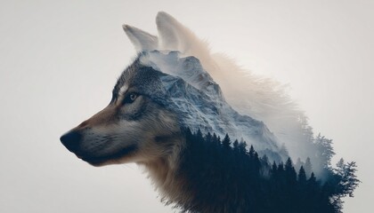 Double Exposure Tattoo Art Depicting A Wolf And Mountains, Symbolizing Tourism, Travel, Adventure, And The Great Outdoors. Perfect For An Outdoor T-Shirt.