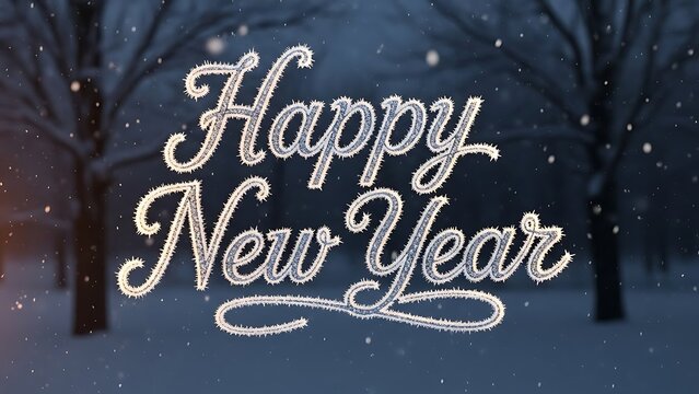 Happy New Year sparkling snow message in winter landscape