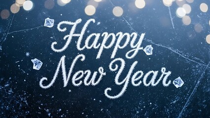 Happy New Year celebration with sparkling ice crystals and bright lights
