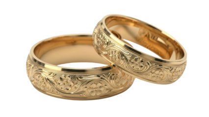 Gold Wedding Rings with Floral Engravings on a Transparent Background PNG