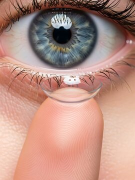 Closeup of a Human Eye with Contact Lens on Finger
