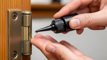 hand applying lubricating oil from a small black bottle to a tarnished brass door hinge, for home maintenance blogs, hardware store diy tutorials, and apartment repair guides, with bokeh.