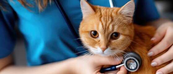 Cat receives care from a skilled doctor at a veterinary clinic during a routine check-up with a calm atmosphere and clear background