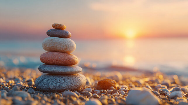 A Zen-like tower of stones balanced gracefully on a beach, with the sun setting in the background, creating a serene and contemplative scene