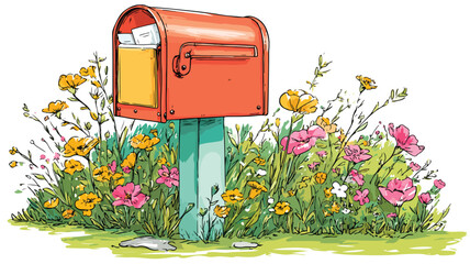 Rustic Mailbox with Letterbox Surrounded by Flowers in Grass Field