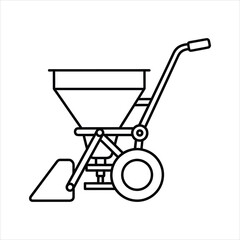 Line Art Vector Icon of a Push Fertilizer Spreader Cart for Lawn Care and Seeding