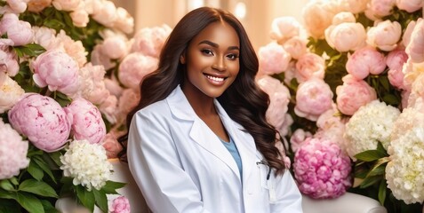 A beautiful young woman with long brown hair in a white medical coat smiles
