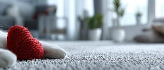 Red knitted heart on gray carpet with white cat paws next to it creates a charming romantic scene perfect for Valentine's Day celebrations