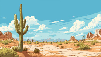 Majestic Desert Landscape with Saguaro Cactus and Blue Sky