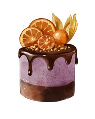 Colorful dessert with chocolate topping and fruit slices on top