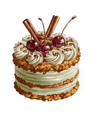 Delicious cake with cherries and cinnamon sticks on top at a dessert table during a party celebration