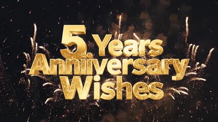 Golden 5th Anniversary Celebration with Fireworks Backgrounds and Festive Wishes