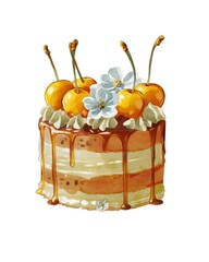 Cake decorated with cherries and flowers on top with caramel drizzle against a white background