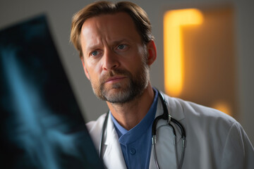 A focused doctor analyzing an X-ray, demonstrating professionalism and care, highlighting the importance of medical imaging in diagnosing and treating patients effectively.