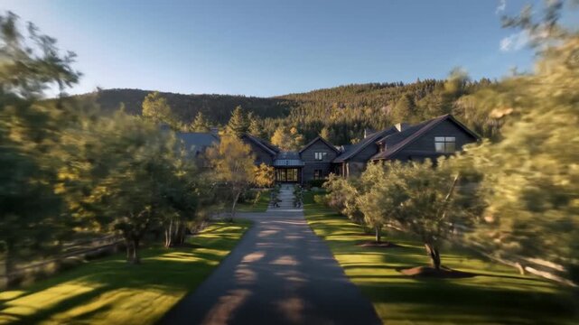 A grand estate nestled in nature, with a long driveway leading to a dark building