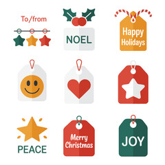 Fototapeta premium Holiday greeting tag icon pack featuring merry Christmas joy peace heart star labels seasonal flat vector illustration set