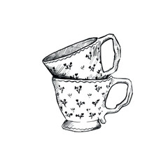Two vintage mugs stacked with floral decoration. Hand drawn in greyscale