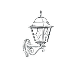 An outdoor wall light in a traditional style. Greyscale illustration created by hand.