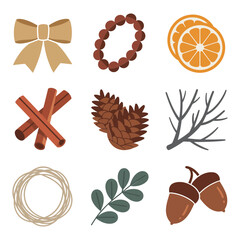 Rustic winter decor element icon collection with pine cone cinnamon branch acorn ribbon wreath flat vector illustration © RA Studio