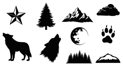 Fototapeta premium Collection of wolf and nature elements silhouettes howling wolf, moon, mountains, and forest