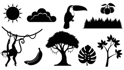 Collection of tropical jungle and rainforest elements silhouettes toucan, monkey, tree, sun, clouds, banana, and foliage