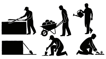 Obraz premium Set of black silhouette icons depicting gardening and yard work activities