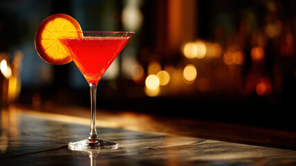 Vibrant Red Cocktail in Martini Glass Garnished with Orange Slice on a Dark, Luxurious Bar Counter with Bokeh Lights.