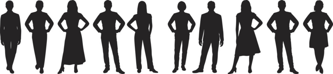 Diverse group of people silhouettes standing confidently together isolated on light background studio