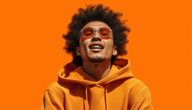 Fashionable Young African American Man In Orange Hoodie And Sunglasses Emoting With Curly Afro Hair Against Bright Orange Background.