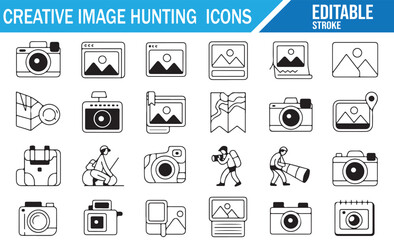 Creative image hunting line icons set with editable strokes. Vector illustrations including cameras, photos, maps, location pins, photographer character, albums, and landscape symbols.