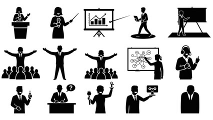 Business presentation and public speaking icon set lectern, chart, audience interaction, and training silhouettes