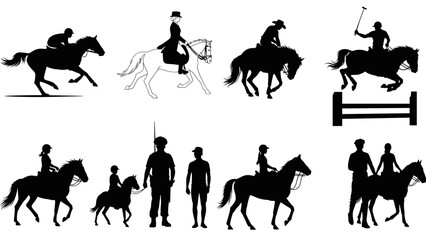 Equestrian sports and horse riding silhouettes collection riders, jockeys, jumping