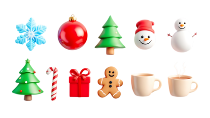 Colorful Holiday Icons Set with Snowflake Ornament Christmas Tree and Gifts