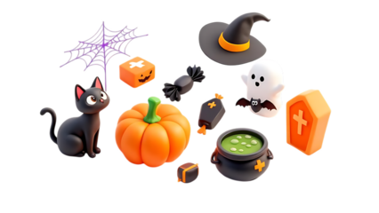 Halloween icons and symbols floating together on white background
