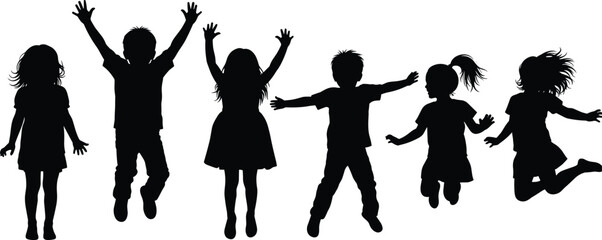 Joyful jumping children silhouettes showing freedom energy and happiness isolated on white background playful childhood vector illustration design concept