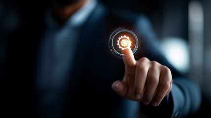 Faceless businessman pressing automation button on screen defocused innovation technology background anonymous professional touching interface modern business automation concept