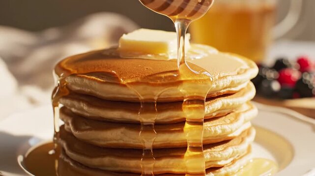 Golden honey drips onto a stack of fluffy pancakes