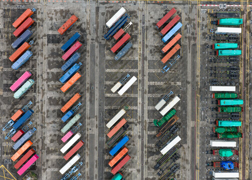 Aerial view of a symphony of colorful shipping containers at Tanjong Pagar Terminal, a hive of logistical activity, Singapore, Singapore.