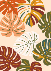 Colorful Monstera Leaf Pattern with Earthy Tones on Beige Background
