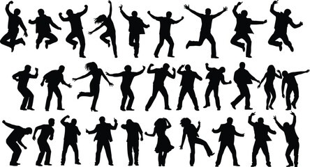 Jumping and dancing people silhouettes showing energetic party celebration joyful movement nightlife excitement isolated on white background vector illustration