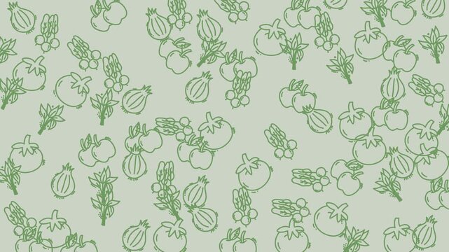 Seamless green vegetable line pattern looping on mint background.