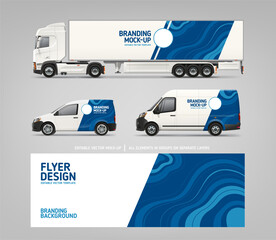 Blue branding wrap design on side view Van, Truck mockup. Branding graphics of abstract blue waves decal design for transport. Branding vehicle. Horizontal AD banner. Editable vector flyer template