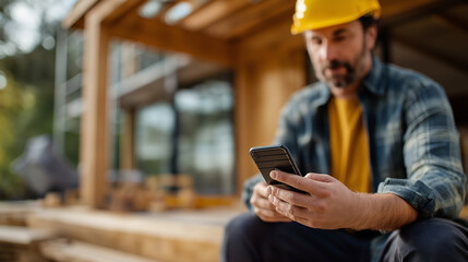 Faceless thoughtful construction worker holding smartphone heavily defocused house under construction background anonymous professional sitting on steps building project