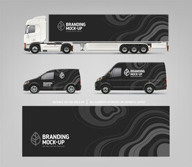 Black branding wrap design on side view Van, Truck mockup. Branding graphics of abstract black waves decal design for transport. Branding vehicle. Horizontal AD banner. Editable vector flyer template