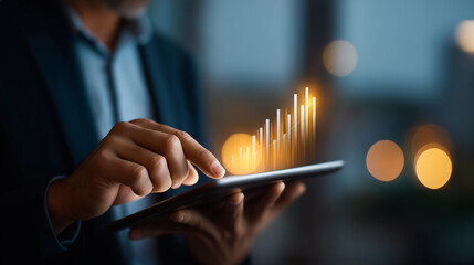 Faceless businessman using digital tablet with stylus heavily defocused background anonymous professional displaying glowing upward bar chart symbolizing financial growth