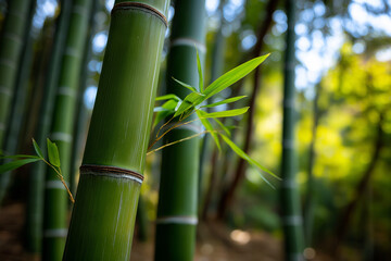 Fototapeta premium A lush bamboo forest filled with vibrant green stalks and soft sunlight filtering through, encapsulating the splendor of nature and the serenity it brings.