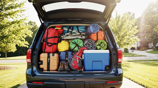 A car packed for a summer road trip. Luggage, a cooler, and camping gear loaded in an SUV trunk for a family vacation