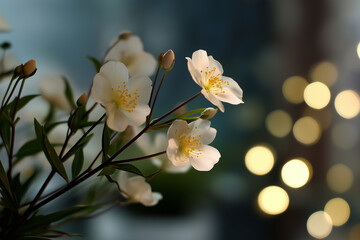 A captivating image of delicate white flowers set against a soft golden bokeh background, embodying beauty, tranquility, and the essence of springtime.