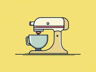 Illustration of a vintage-style stand mixer with a bowl, rendered with clean lines on a yellow background. The design is minimal and modern