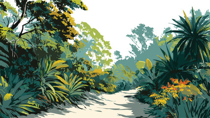 Tropical Jungle Pathway with Lush Greenery in Sunlight Vector Illustration